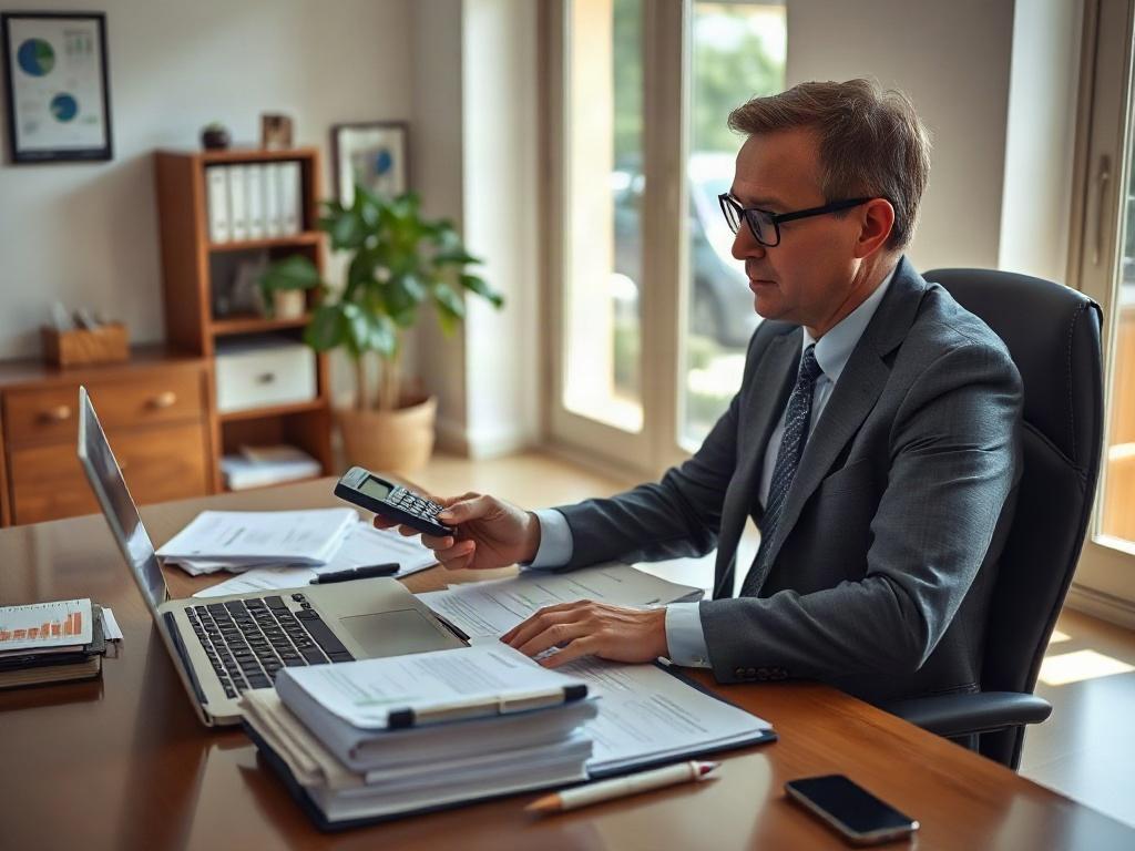 A tax professional sitting at a desk, reviewing financial documents with a calculator and a laptop open, surrounded by organized paperwork. The setting is bright and welcoming, conveying a sense of professionalism and expertise.