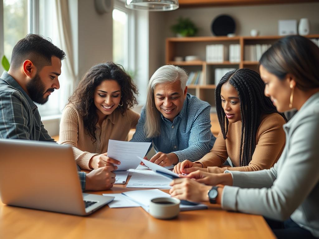 A close-up shot of a diverse group of people around a table engaged in tax preparation. The setting is an inviting and professional office environment. The individuals should represent a range of ethnic backgrounds, showcasing inclusivity. They are focused on discussing financial documents and using laptops. The atmosphere is collaborative and friendly, highlighting teamwork in tax preparation. Use soft natural lighting to enhance the warmth of the scene.