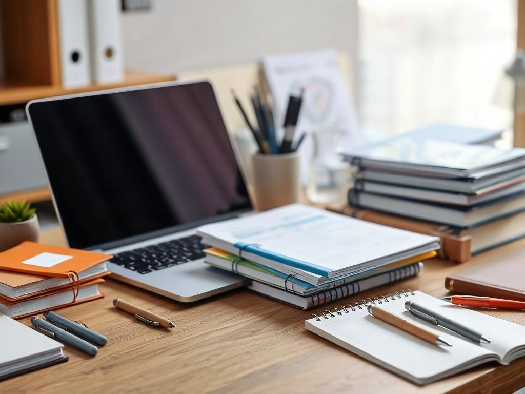 A close-up shot of a neatly organized desk featuring various digital business tools, bookkeeping templates, and office supplies. The desk is well-lit, with a background that subtly suggests a professional office environment. The focus is on a stylish laptop, a stack of colorful bookkeeping templates, a few essential books, and high-quality office supplies like pens and notebooks. The image should convey a sense of productivity and organization, shot with a 45mm f/1.2 lens.