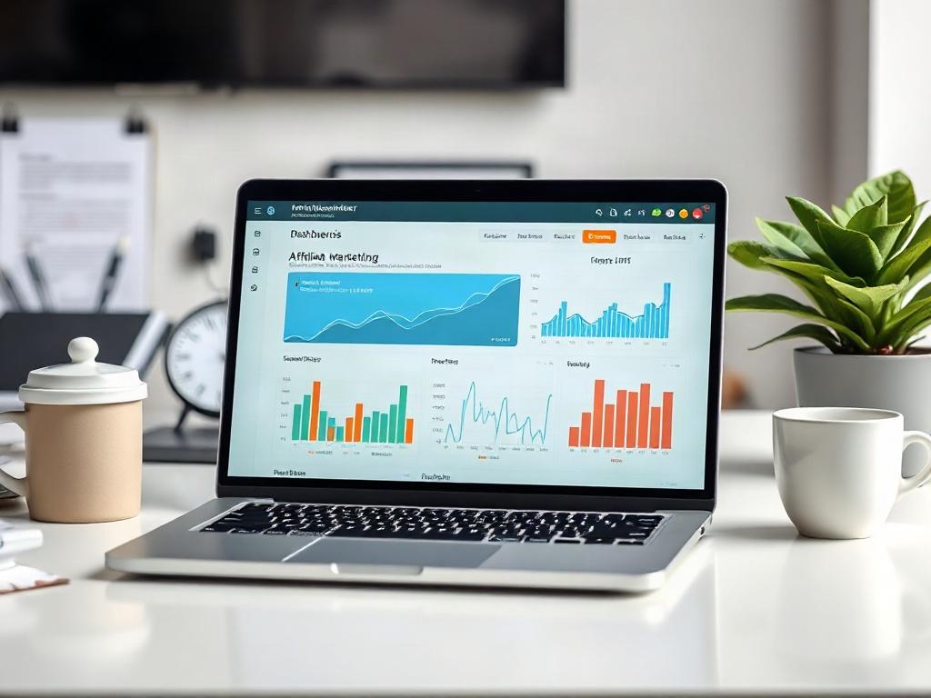 A close-up shot of a modern laptop displaying an affiliate marketing dashboard on the screen, with vibrant graphs and statistics. The background features a clean desk setup with office supplies, a coffee cup, and a potted plant, creating a professional yet inviting atmosphere. The image captures the essence of online business growth and partnership opportunities.