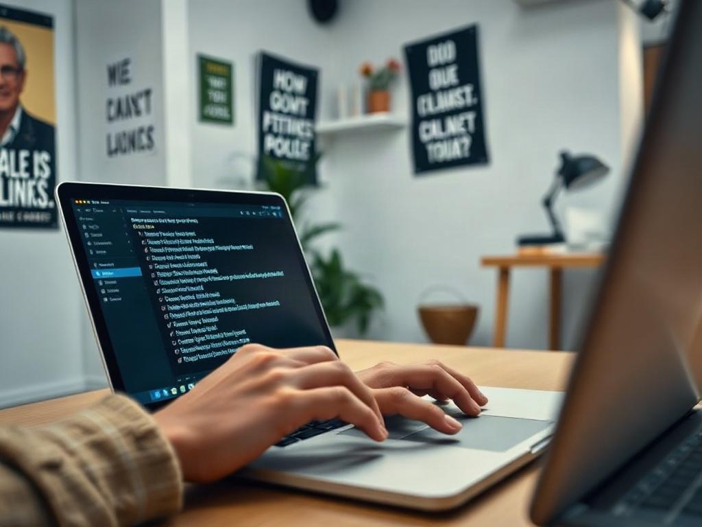 A close-up shot of a person’s hands typing on a laptop, with a focus on the screen showing a list of affiliate partners and links. The background consists of a well-organized office space with motivational posters and a soft light illuminating the area, creating an inspiring work environment that encourages collaboration.