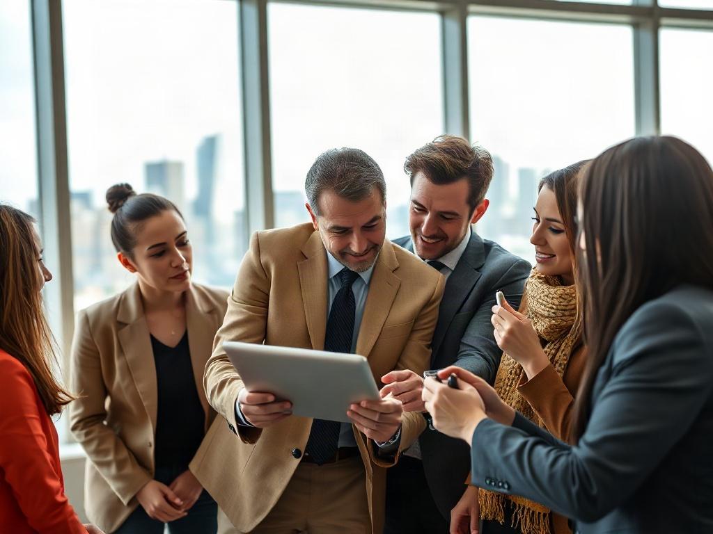 A close-up shot of a diverse group of professionals engaged in a meeting, discussing financial strategies while reviewing an affiliate marketing plan on a tablet. The setting is a bright conference room with a large window, showcasing a city skyline, symbolizing growth and opportunity in the financial sector.