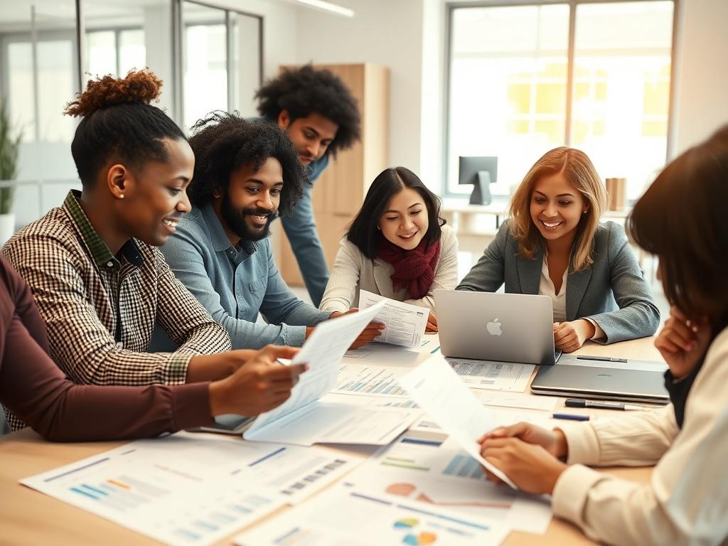 A close-up shot of a diverse group of people discussing financial documents around a table, showcasing a supportive and collaborative atmosphere. The individuals should represent various ethnic backgrounds, with some resembling the business owner. The table is cluttered with charts, credit reports, and laptops, highlighting the focus on credit repair. The background should be a bright, modern office space, creating a welcoming and professional environment. The lighting is bright and inviting, emphasizing th