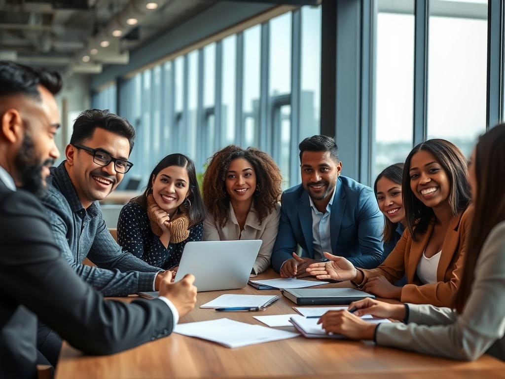A close-up shot of a diverse group of professionals in a modern office setting, engaged in a discussion about business formation. The group includes individuals of various ethnic backgrounds, reflecting inclusivity and collaboration. They are gathered around a table with laptops, documents, and a notepad, showcasing a professional atmosphere. The background is a sleek office with large windows allowing natural light to flood in, creating an inviting and productive environment. The image should have a hyper-