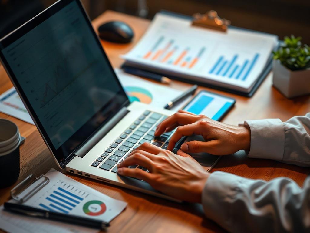 A hyper-realistic close-up shot of a professional accountant working on a laptop with financial documents and charts on the desk, warm lighting, clean and organized workspace, focus on the accountant's hands typing, aesthetic appeal in the background.