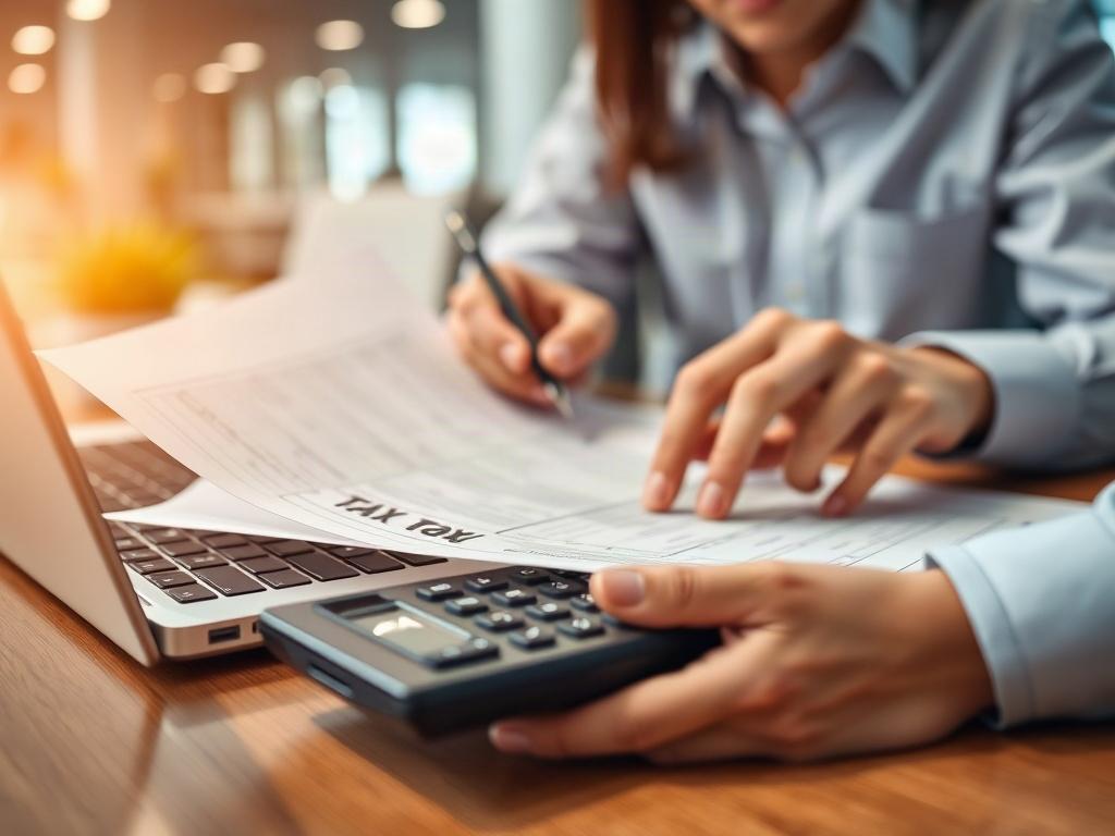 A hyper-realistic close-up shot of a tax professional reviewing documents with a calculator and laptop, focused lighting on the documents, conveying precision and attention to detail in a modern office setting.