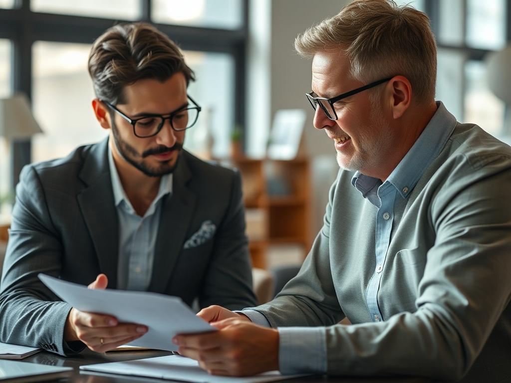 A close-up shot of a financial advisor discussing documents with a client in a cozy office setting, showcasing a sense of collaboration and personalization. The focus should be on the engaged expressions of both individuals.