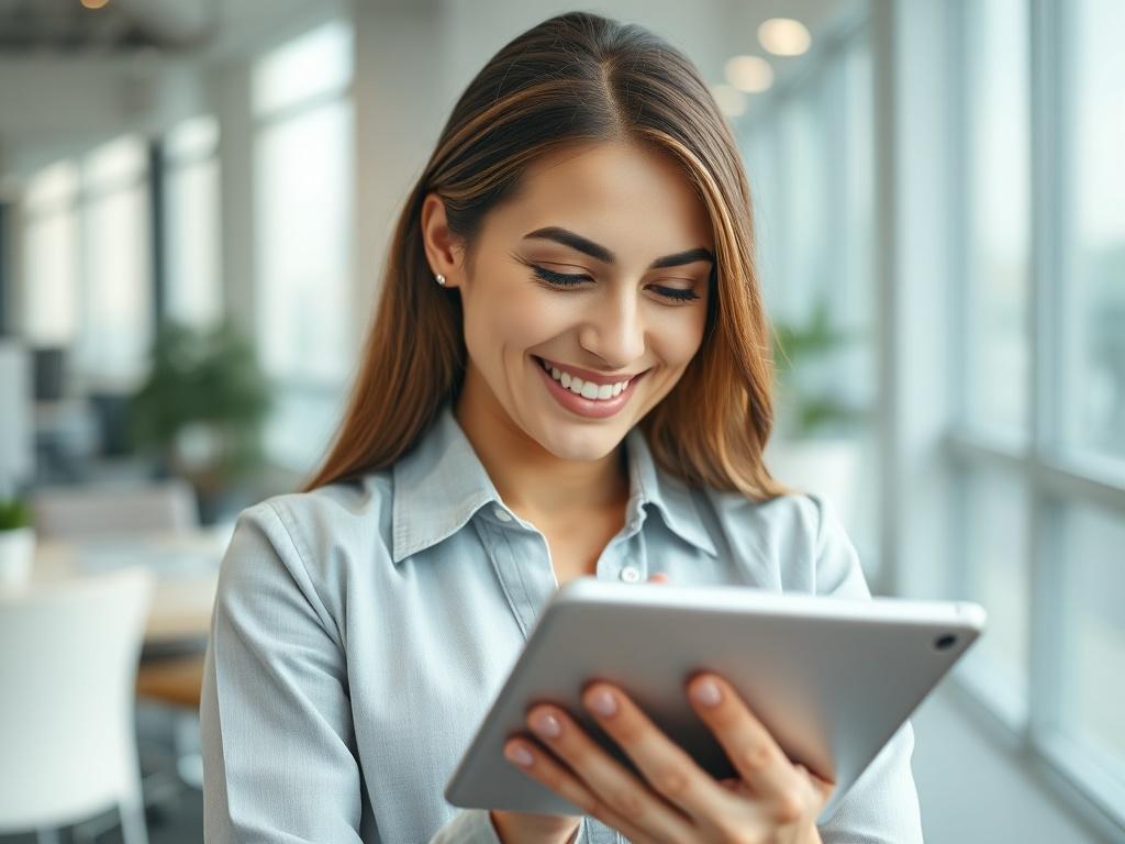 A close-up shot of a professional-looking individual happily completing an online form on a tablet, with a soft-focus background of a modern office. The image should convey a sense of ease and efficiency.