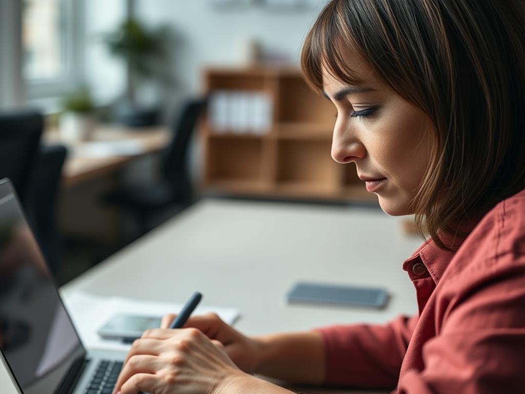A close-up shot of a secure digital form being filled out on a laptop, with a focused expression on the user's face. The background should feature a calming, professional office environment, emphasizing a sense of trust and safety.