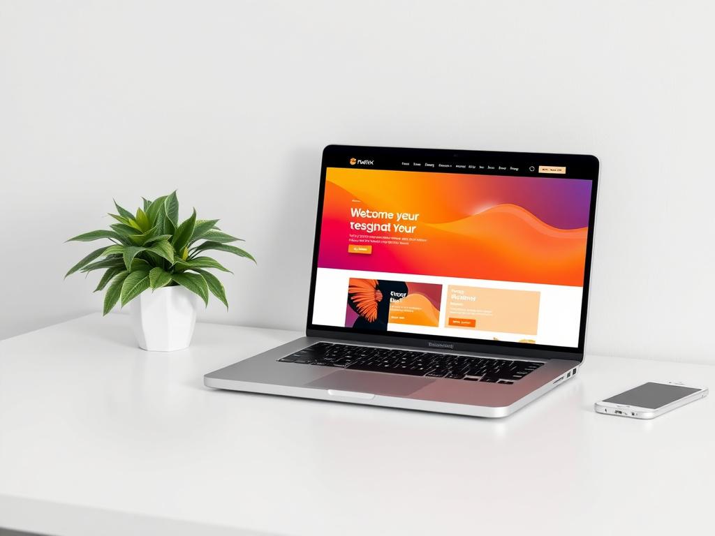 A sleek, modern workspace featuring a single laptop displaying a