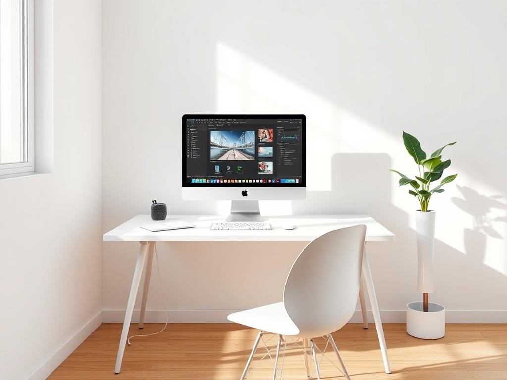 A modern creative workspace featuring a sleek computer setup with