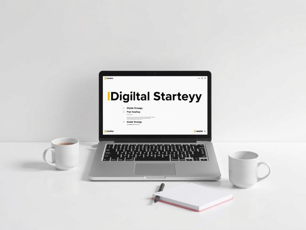 A clean, minimalistic workspace featuring a laptop with a digital