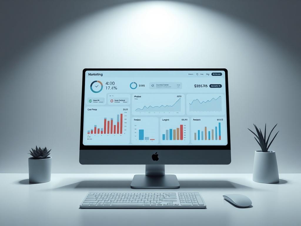 A high resolution image depicting a digital marketing dashboard with