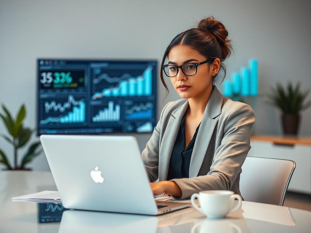 **AI Image Generation Prompt:**

Create a realistic, high-resolution photo that encapsulates the essence of a blog titled "The Power of Digital Strategy." The composition should be simple and clear, focusing on a single subject that visually represents the concept of digital strategy. 

**Subject Matter:** Feature a confident businesswoman sitting at a sleek, minimalistic workspace with a laptop open in front of her. She is analyzing digital data on the screen, with charts and graphs subtly displayed, hinti