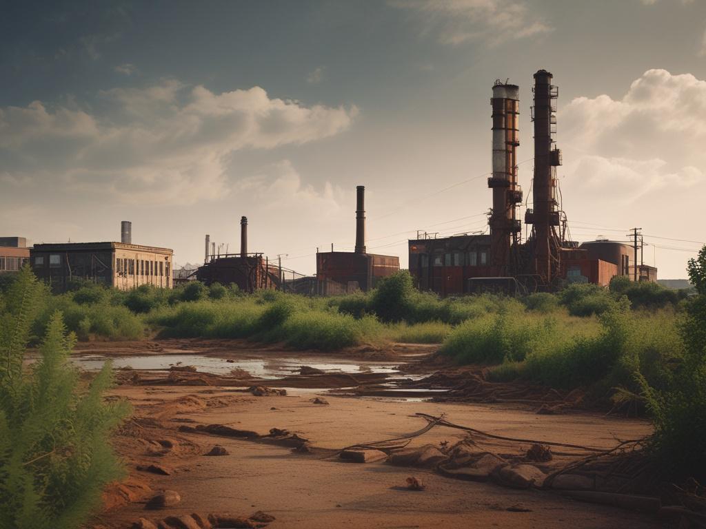 Close-up of a brownfield site with overgrown vegetation and industrial remnants, shot with a 45mm f/1.2 lens, hyper-realistic, focus on the textures of the land, clear blue sky in the background.