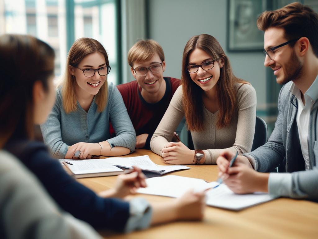 A realistic high-resolution photo of a group of newcomers engaged in a mentorship session as part of the Etableringsprogrammet. The setting should reflect a supportive environment with diverse individuals interacting with mentors. The composition should convey a sense of community and collaboration, featuring elements like informational materials and a welcoming atmosphere consistent with the primary color rgb(243, 153, 62).