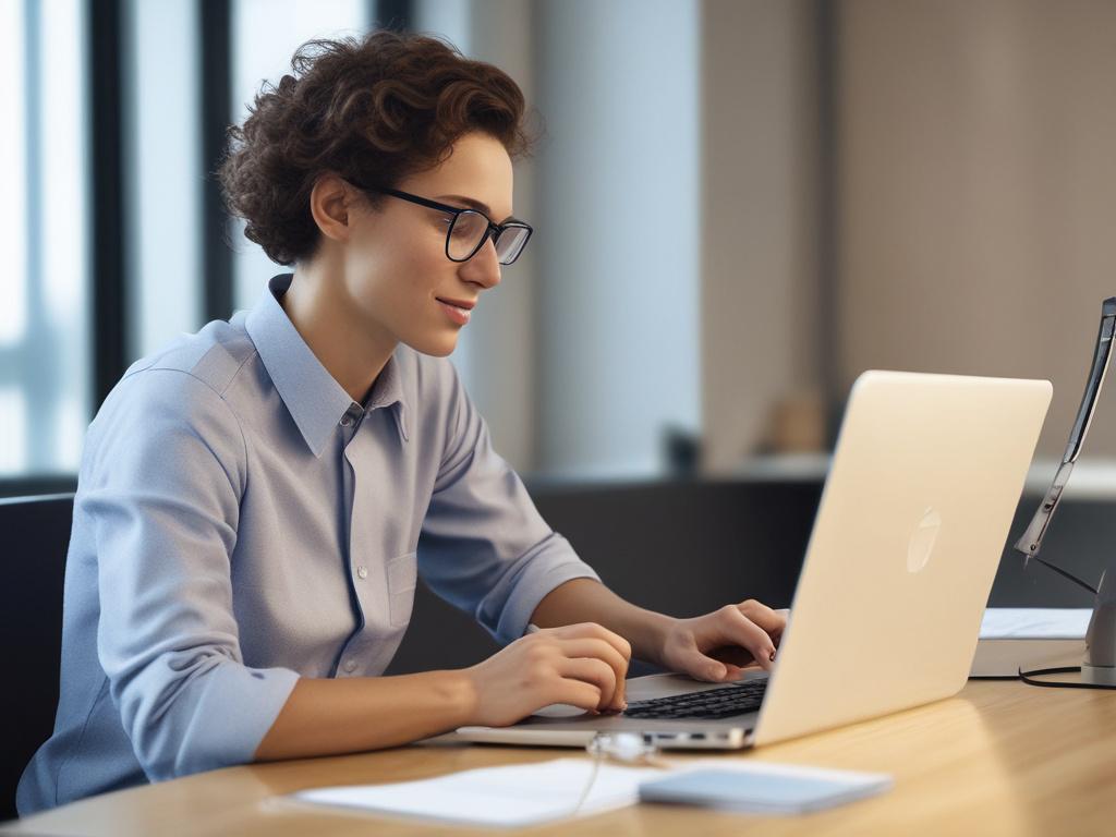 A hyper-realistic image of a person working on their digital skills profile on Jobskills.se. The individual, who appears focused and determined, is seated at a modern desk with a laptop open, displaying the Jobskills.se interface. The background should feature a bright and organized workspace that conveys professionalism and motivation. The color scheme should align with the rgb(243, 153, 62) primary color.