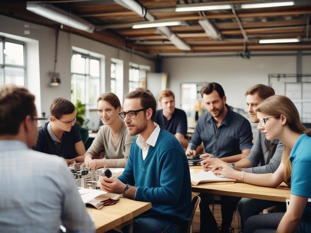 A realistic high-resolution photo depicting a diverse group of job seekers engaging in a workshop setting at Arbetsförmedlingen. The scene includes individuals from different backgrounds, actively participating in CV writing and interview preparation activities. The environment should be bright and welcoming, showcasing a modern workspace with computers, informational materials, and supportive staff members. The colors should harmonize with the primary color rgb(243, 153, 62).