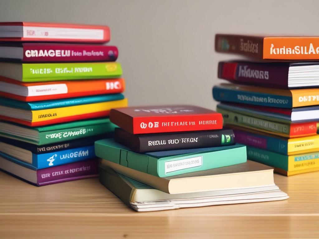 A realistic high-resolution close-up shot of a stack of multilingual resource guides on a wooden desk. The guides should feature colorful covers, with a warm cup of coffee beside them. The background should show a sunny window with soft curtains.