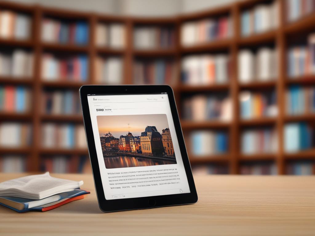 A realistic high-resolution close-up shot of an educational e-book displayed on a modern tablet. The background should be a cozy study room with bookshelves filled with books, soft lighting, and a comfortable chair. The tablet should be the only subject in focus, showcasing the e-book's cover clearly.