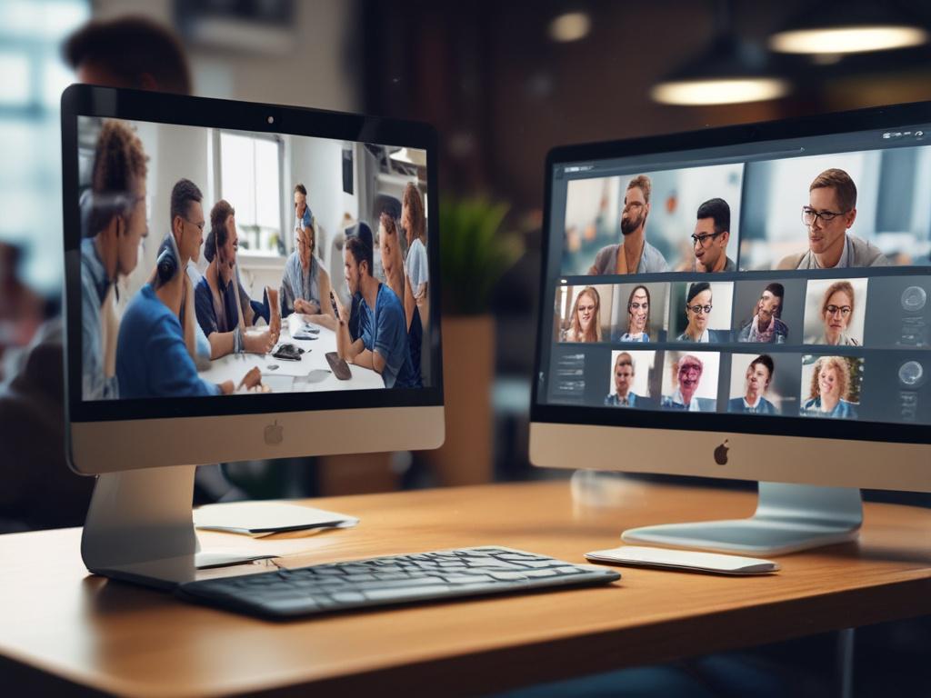 A realistic high-resolution close-up shot of a laptop screen displaying an online workshop in progress. Participants can be seen engaging in the background, with a focus on the laptop screen. The setting should be a well-lit home office with plants and motivational posters.