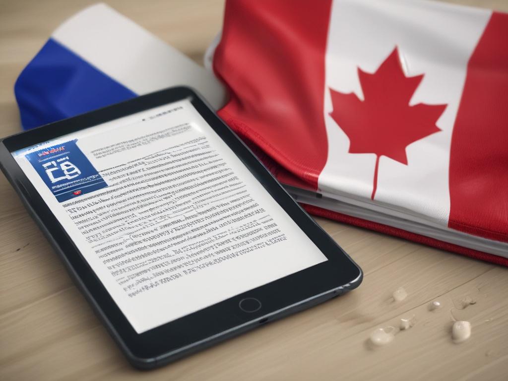 A close-up shot of a digital tablet displaying colorful e-book covers related to learning English and French, with a Canadian flag subtly in the background. The tablet is placed on a wooden table, with a cozy reading environment, including a cup of coffee and a notebook nearby. The lighting is warm and inviting, emphasizing the educational theme.