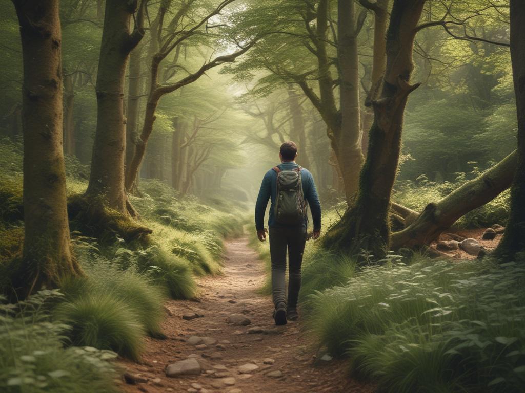 **AI Image Generation Prompt:**

Create a realistic high-resolution photo that captures the essence of "Discovering UK’s Hidden Nature Trails." The composition should be simple and clear, focusing on one central subject—a solitary hiker navigating a winding, leaf-strewn path through a tranquil forest in the UK. 

The hiker, dressed in muted, earthy tones to complement the surroundings, should appear to be in mid-stride, fully engaged in the experience. Surround the hiker with lush greenery, soft moss-covere