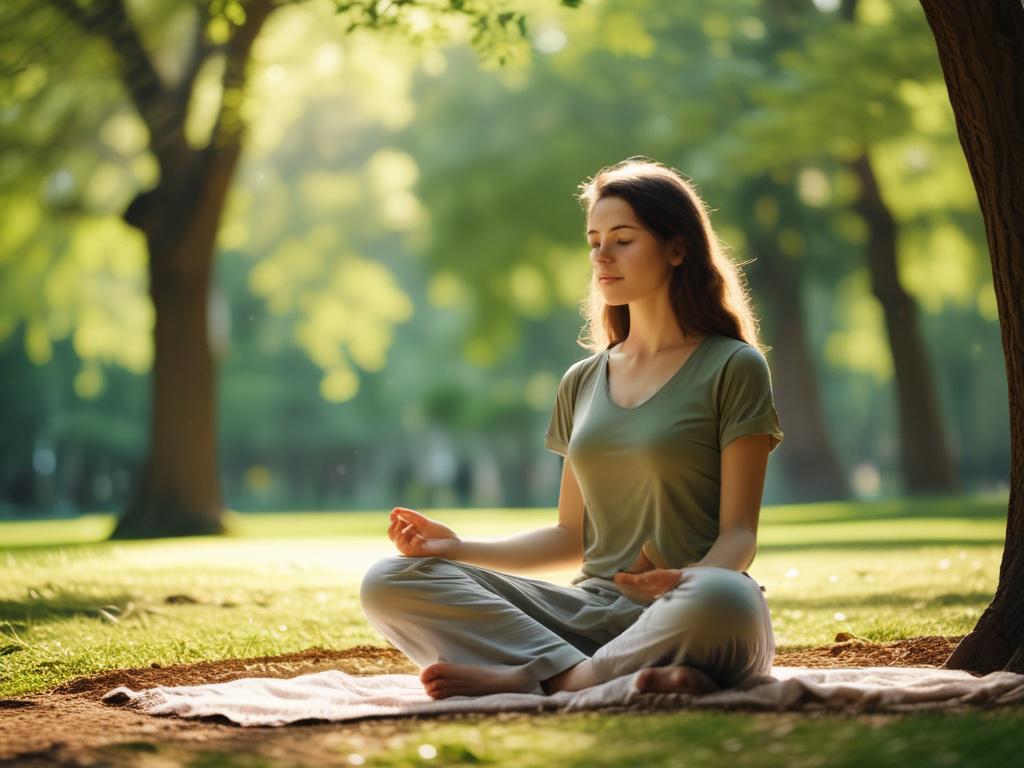A serene and peaceful setting featuring a person meditating in
