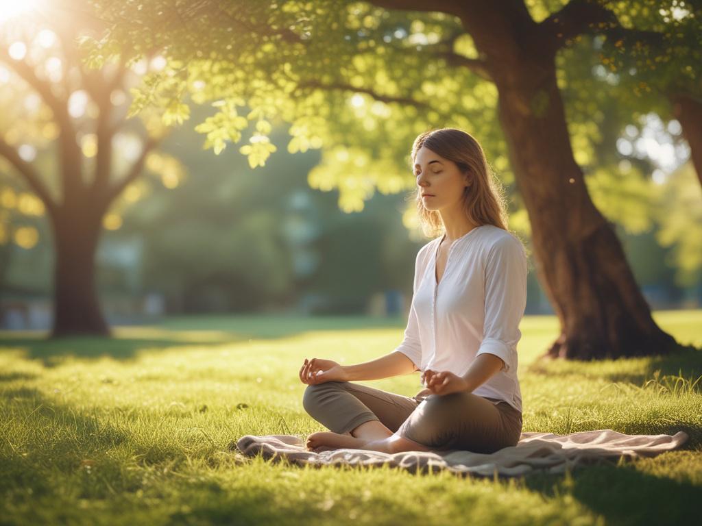 A serene scene featuring a person practicing mindfulness in a