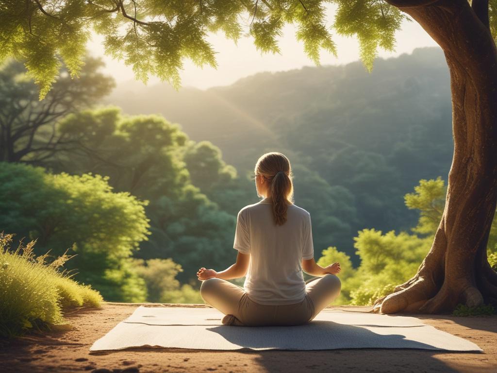 A serene setting featuring a person sitting cross legged in