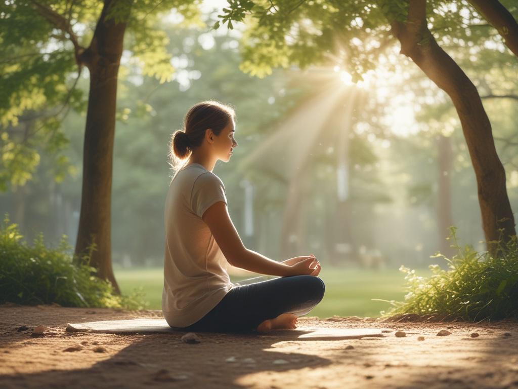 **AI Image Generation Prompt:**

Create a realistic high-resolution photo that embodies the theme "Cultivating Mindfulness for Everyday Peace." The image should feature a serene scene with a single subject: a person seated in a cross-legged position on a soft, grassy surface, practicing mindfulness meditation. This individual, a middle-aged person with a peaceful expression, should have their eyes gently closed, embodying tranquility and focus. 

The subject should be dressed in comfortable, loose-fitting c