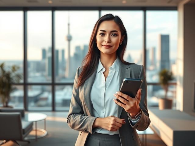 **AI Image Generation Prompt:**

Create a high-resolution, realistic image featuring a professional businesswoman standing confidently in a modern Toronto office. She is engaged in a conversation on her smartphone, emphasizing the theme of corporate immigration for startups. The subject should have an approachable yet determined expression, reflecting her role in attracting international talent. 

In the background, showcase a panoramic view of the Toronto skyline, including iconic buildings like the CN Tow