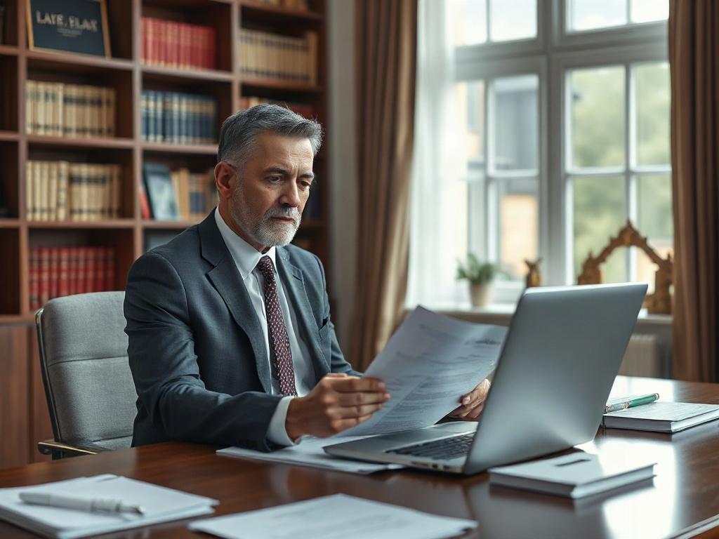 Create a realistic high-resolution photo showcasing a professional litigation lawyer engaged in their work. The subject should be a confident, middle-aged individual in business attire, sitting at a sleek wooden desk cluttered with legal documents, a laptop, and a few law books. The lawyer should be focused on reviewing a case file, with a thoughtful expression, exuding professionalism and expertise. 

The background should be a well-lit, elegant office setting, featuring a bookshelf filled with law-related