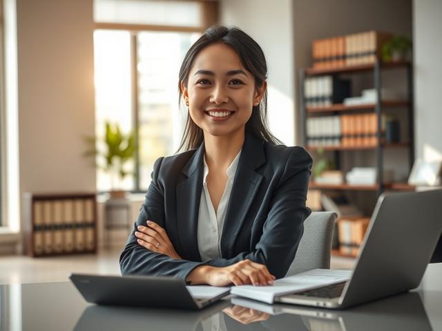 Create a realistic high-resolution photo that captures the essence of a blog titled "Do You Really Need a Big Law Firm to Feel Protected?" The composition should focus on a single subject: a confident, approachable lawyer sitting at a sleek, modern desk in a well-lit office setting. The lawyer, an Asian woman in her mid-30s, wears a professional yet relaxed business attire, exuding warmth and professionalism. Her expression should convey trust and reassurance.

The background should feature elements that su