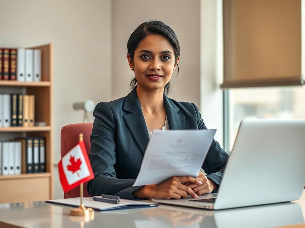 Create a realistic high-resolution image of a professional immigration lawyer seated at a modern desk in a well-lit, contemporary office setting. The lawyer, a South Asian woman in her late 30s, is wearing smart business attire and looking directly at the camera with a confident and approachable expression. In her hands, she holds a legal document with a seal, suggesting her expertise in immigration matters.

The composition should be simple and clear, focusing solely on the lawyer as the subject, with a bl