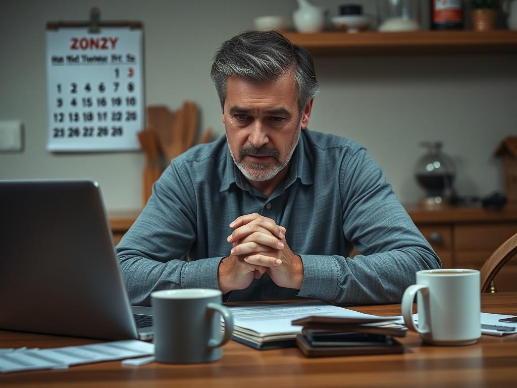 Create a realistic high-resolution photo that captures the essence of financial stress related to mortgage payments. The composition should feature a single, concerned individual sitting at a kitchen table, with their hands clasped tightly and brow furrowed. This subject is a middle-aged man or woman, reflecting a relatable, every-person quality, contributing to the emotional weight of the situation. 
The kitchen should be softly lit, creating a warm yet somber atmosphere. In the background, include subtle