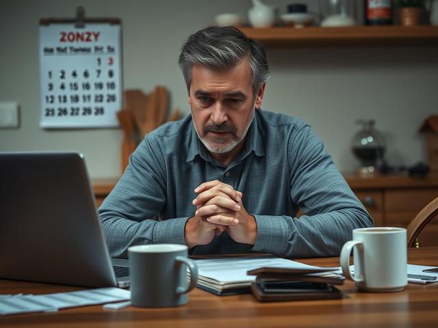 Create a realistic high-resolution photo that captures the essence of financial stress related to mortgage payments. The composition should feature a single, concerned individual sitting at a kitchen table, with their hands clasped tightly and brow furrowed. This subject is a middle-aged man or woman, reflecting a relatable, every-person quality, contributing to the emotional weight of the situation. 

The kitchen should be softly lit, creating a warm yet somber atmosphere. In the background, include subtle