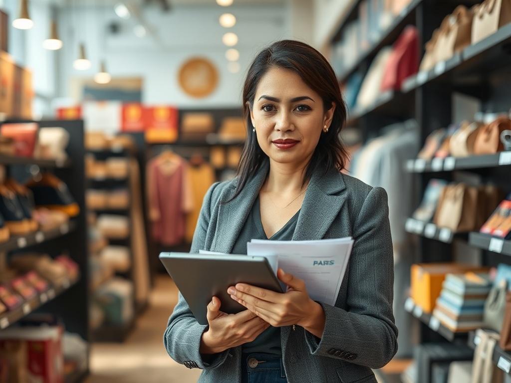 Create a hyper-realistic high-resolution photo focusing on a confident, professional retail business owner standing in a bustling retail environment in Ontario. The subject should be a middle-aged South Asian woman dressed in a smart casual outfit, holding a tablet and examining business documents. She should display a focused and determined expression, embodying the theme of strategic planning for retail business expansion. The background should feature a well-stocked, organized retail space with appealing