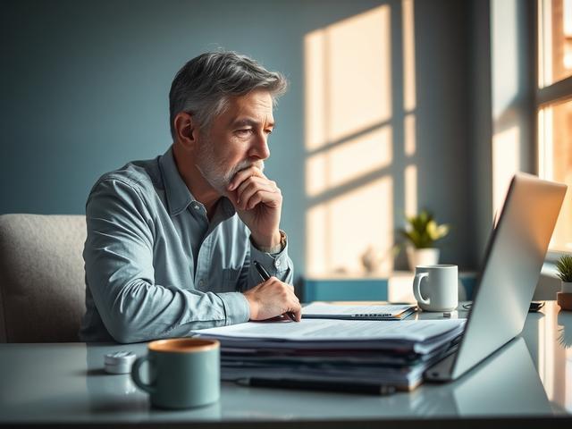 **AI Image Generation Prompt:**

Create a realistic high-resolution photo capturing a close-up shot of a thoughtful middle-aged person sitting at a stylish, modern desk. The subject should appear focused and contemplative, gently resting their chin on one hand while holding a pen in the other, as they look at a neatly organized stack of legal documents and an open laptop in front of them. 

The background should feature calming hues of soft blue (#D0E4EA) to create a serene atmosphere, with warm natural lig