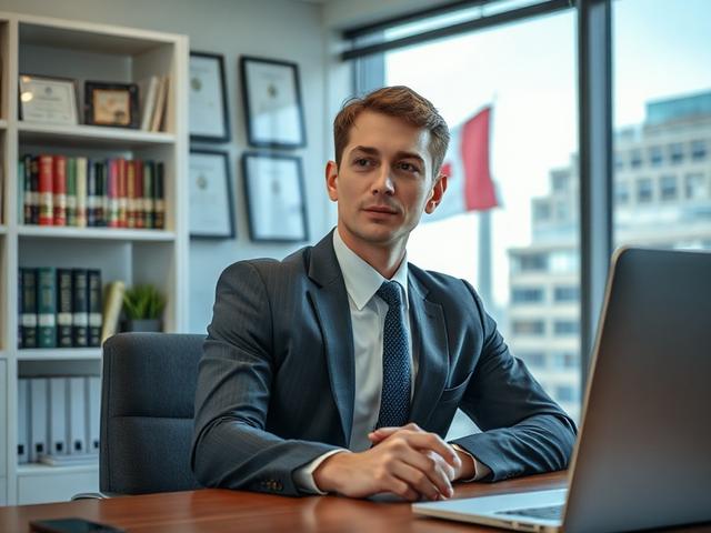 Create a realistic high-resolution photo that embodies the theme of choosing an immigration law firm in Toronto. The composition should focus on a single subject: a confident, diverse Canadian immigration lawyer, dressed professionally in a tailored suit, seated at a modern desk in a well-lit office environment. The lawyer should be engaged in a thoughtful conversation with an unseen client, reflecting a welcoming and supportive atmosphere. 

The background should include a clean, organized bookshelf lined 