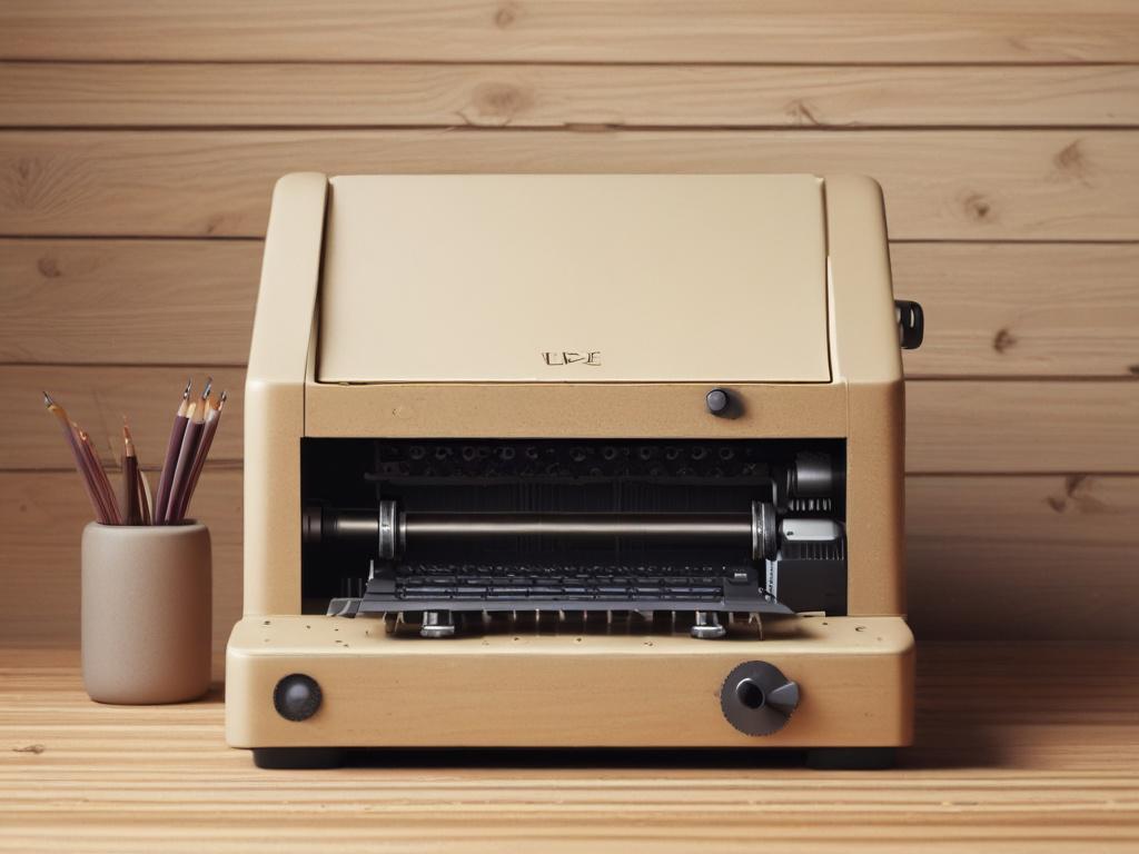 3D braille printer on a wooden table, realistic textures, natural