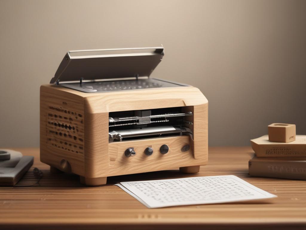 A sleek, modern 3D braille printer on a wooden table,