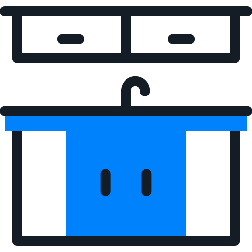 A cartoon rendering of a sink and cabinets.