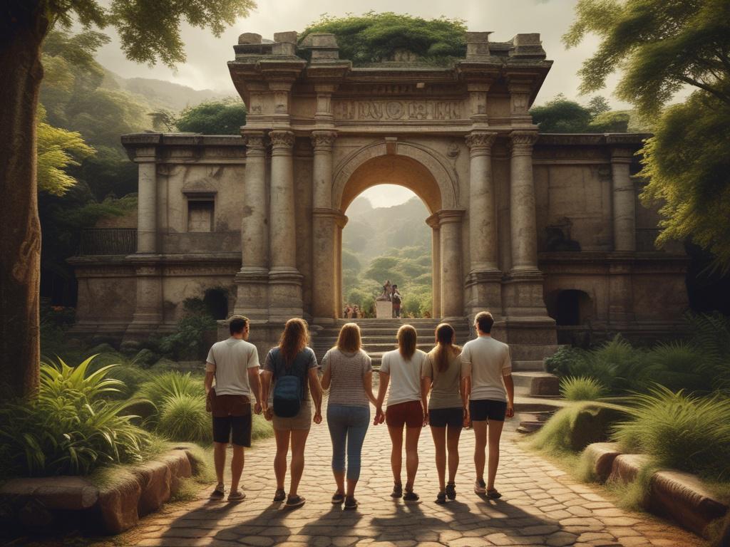A group of tourists exploring a historic site, led by