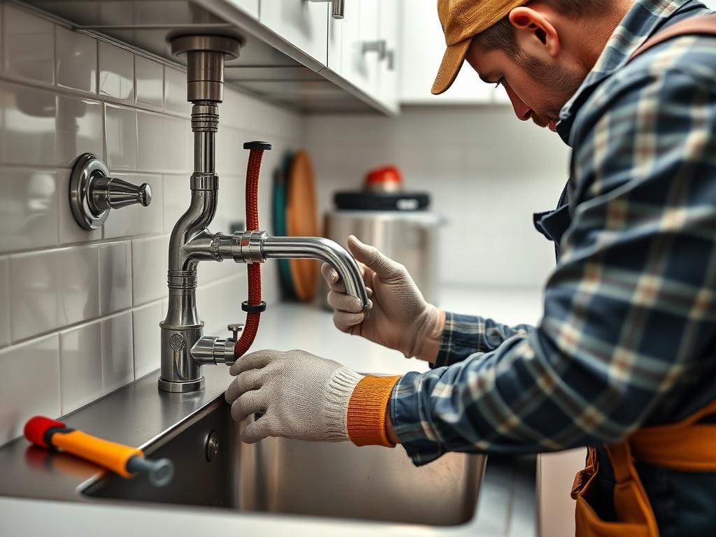 A close up shot of a licensed plumber repairing a