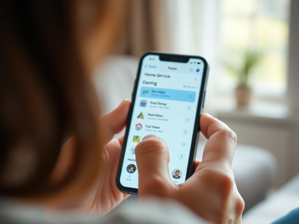 A hyper-realistic close-up shot of a person using a smartphone to book a home service appointment through a sleek, modern app interface. The screen shows a user-friendly design with options for various home services. The background is softly blurred, emphasizing the ease of digital booking and the satisfaction of finding the right service quickly.