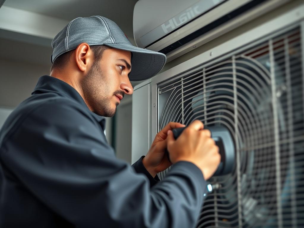 A hyper-realistic close-up shot of an HVAC technician working on a modern heating and cooling system. The technician is focused, wearing a professional uniform, and using tools to perform maintenance on the equipment. The background is softly blurred to emphasize the technician and the intricate details of the HVAC unit, capturing the essence of expert craftsmanship.