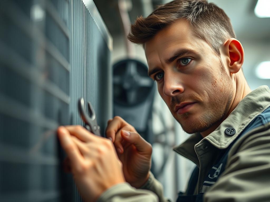 A close-up shot of a technician inspecting an HVAC unit, with tools in hand and a focused expression. The background should show a well-maintained HVAC system, emphasizing the importance of preventive maintenance. The image should be hyper-realistic, capturing the technician's expertise, shot with a 45mm f/1.2 lens.