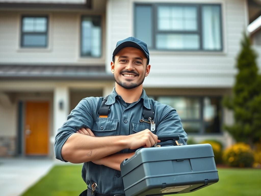 A close-up shot of a smiling HVAC technician in uniform, confidently holding a toolbox, standing in front of a modern home. The background should be a well-maintained house with green grass, showcasing the professionalism and readiness of home service. The image should be hyper-realistic with a focus on the technician's tools and expressions, shot with a 45mm f/1.2 lens.