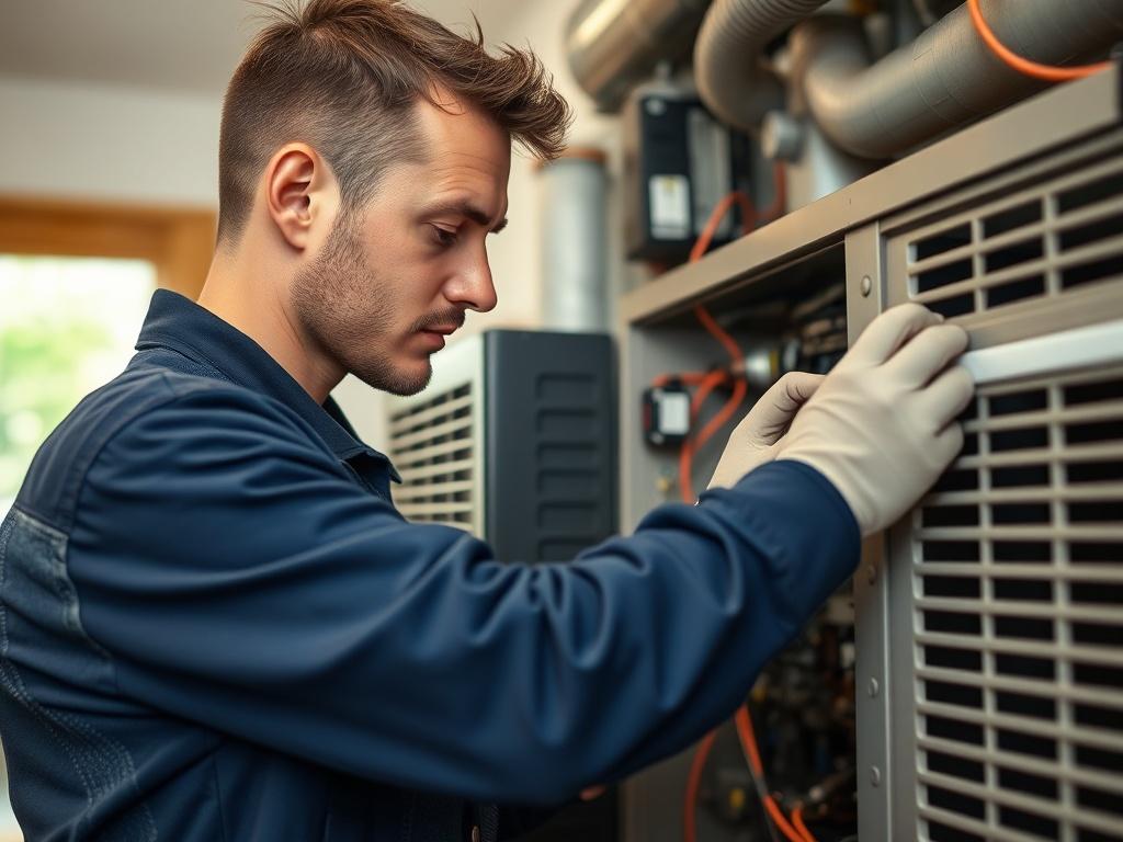 A close-up shot of a technician working on HVAC equipment in a home, showcasing professionalism and attention to detail, clean and organized workspace.
